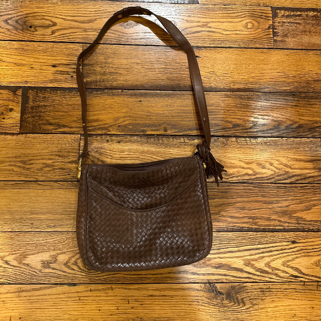 Vintage Cosci Woven Brown Leather Shoulder Bag With Gold Hardware & Pockets